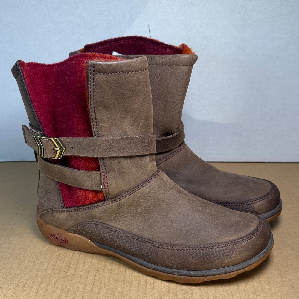 Chaco Hopi Slip-on Boots Brown Leather Red Orange Wool, Womens sz 8.5